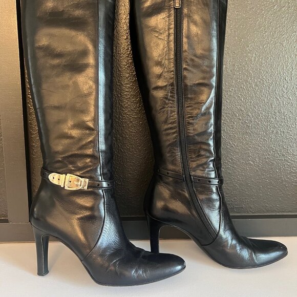 Gucci Black Leather Knee-High Boots with Gold Buckle – Size 7.5B - Picture 9 of 13